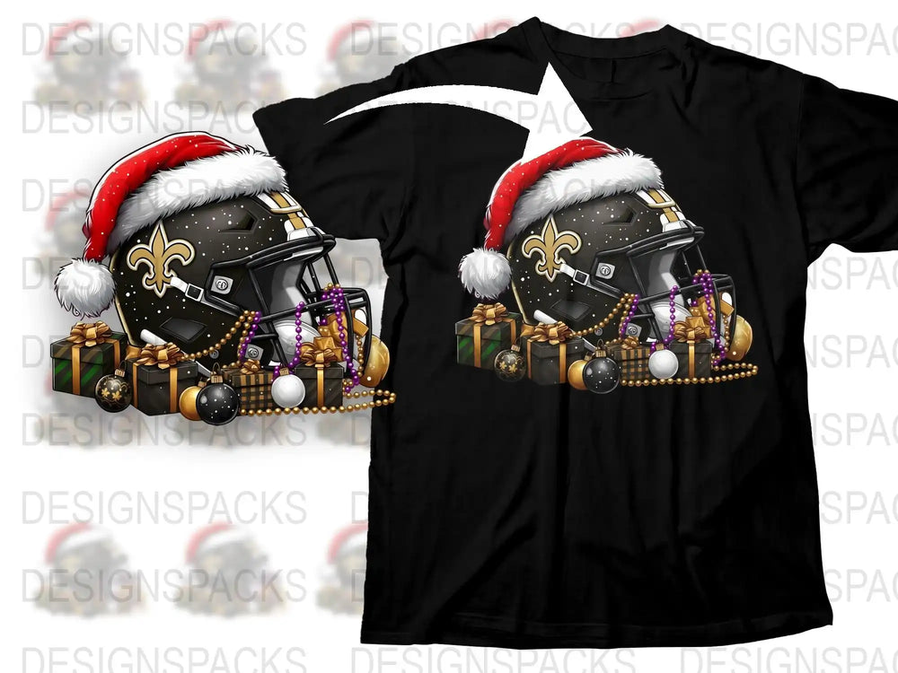 Festive Holiday Football T-Shirt, Sports Helmet with Christmas Hat, New Orleans Themed, Gift for Fans, Black Cotton Tee, Unisex Fit
