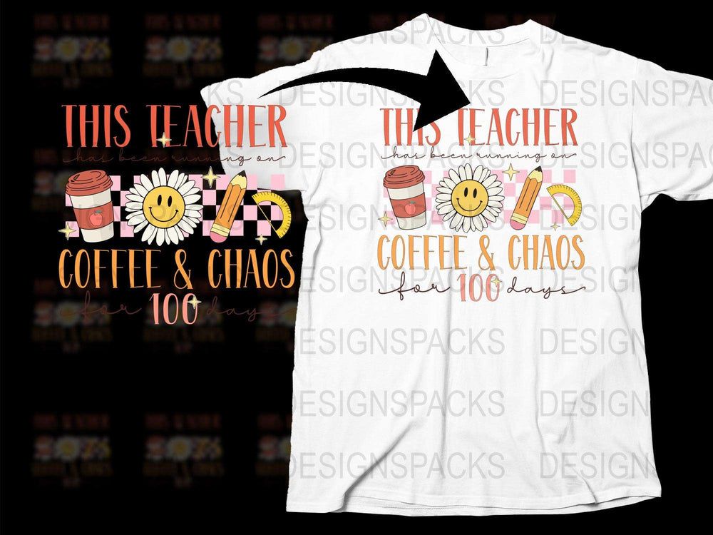 Teacher 100 Days of School T-Shirt, Coffee and Chaos Graphic Tee, Fun Educator Gift, Celebratory White Shirt for Teachers