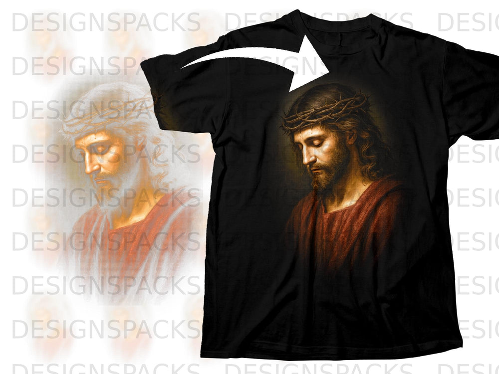 Black t-shirt with a print of Jesus wearing a crown of thorns.