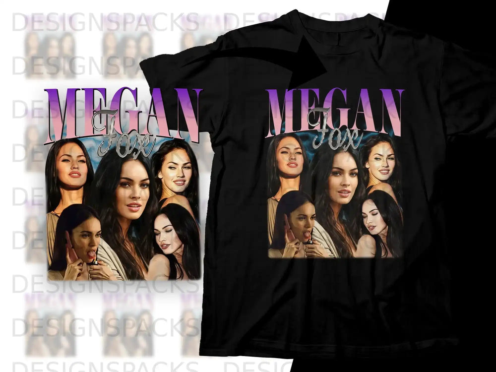 T-shirt with collage of Megan Fox portraits, "MEGAN FOX" text.