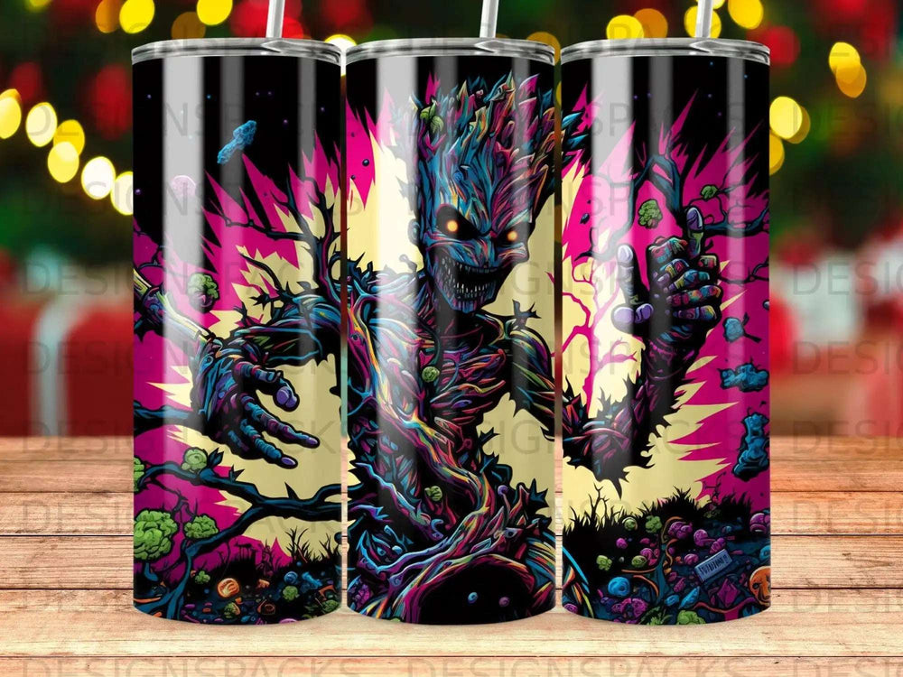Groot-like monster reaching out with vibrant, stylized branches against dark background.