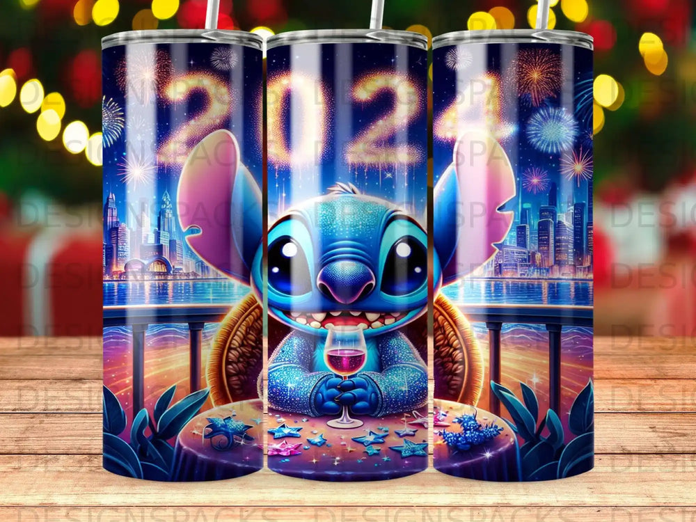 Stitch holding a glass of wine with "2024" fireworks over a city skyline.