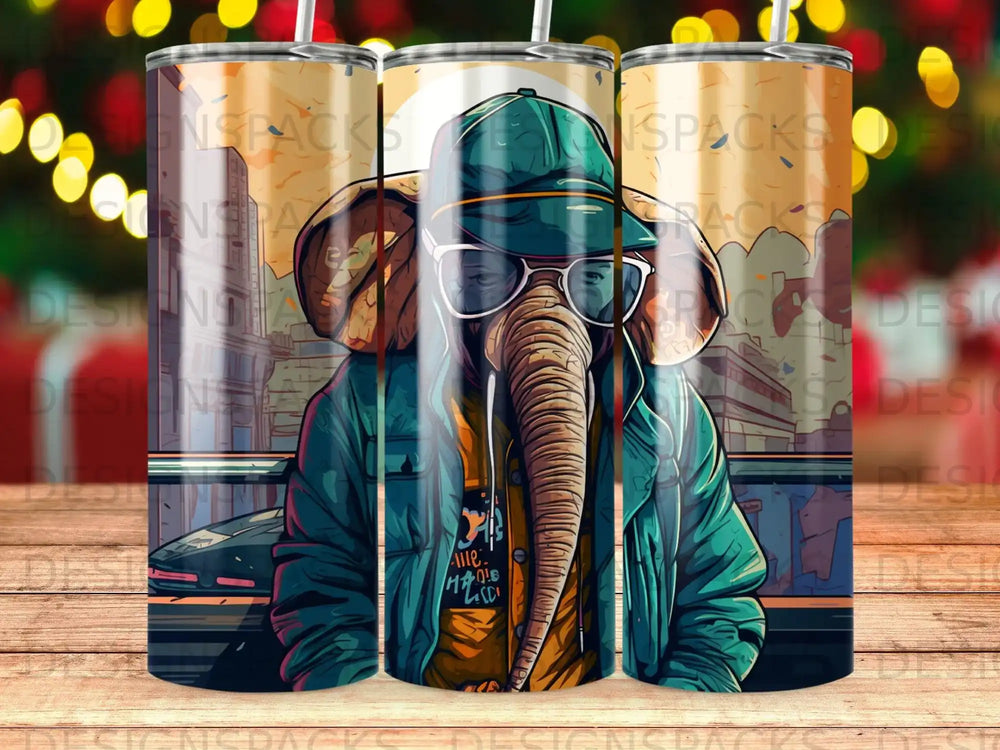 Elephant wearing a hat, glasses, and jacket, with urban background.
