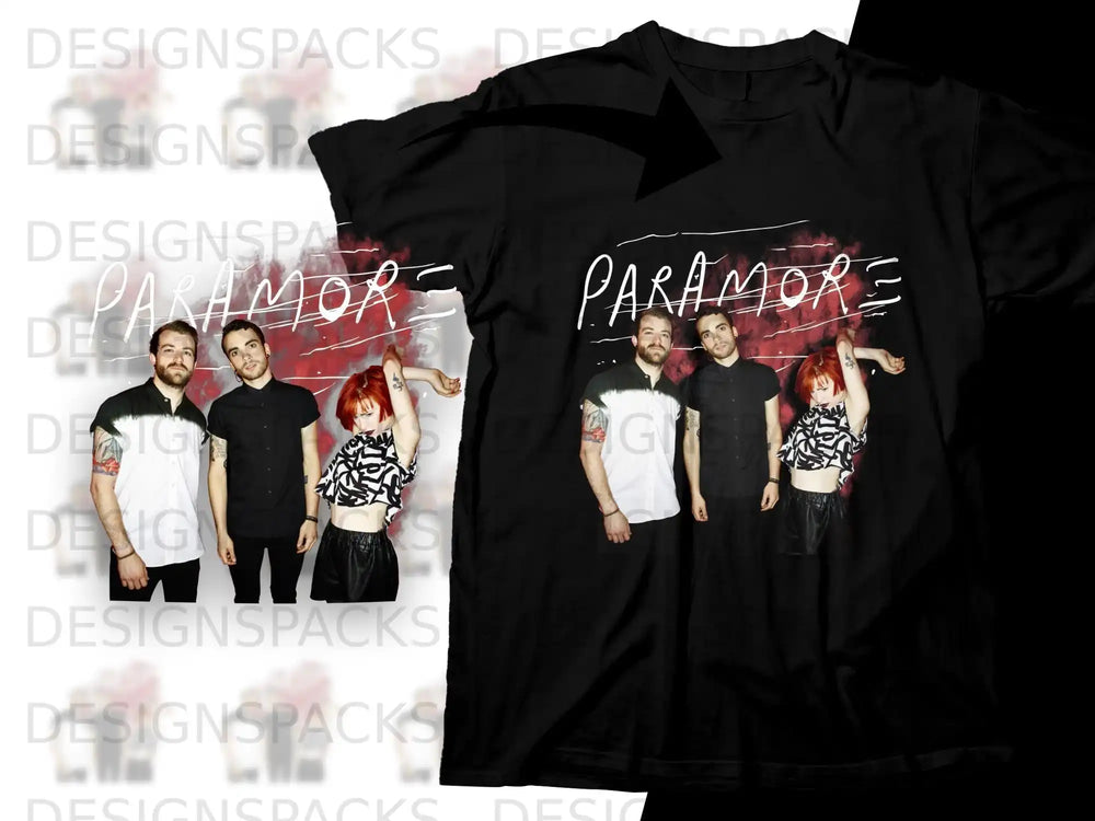 Paramore band members on a black t-shirt with Paramore logo.