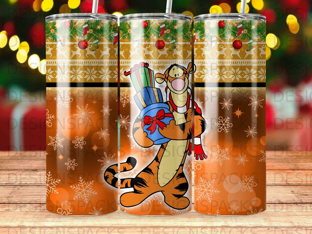 Tigger holding a stack of presents against a festive Christmas pattern.
