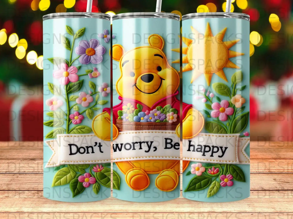 Winnie the Pooh in floral basket with "Don't worry, Be happy" text.