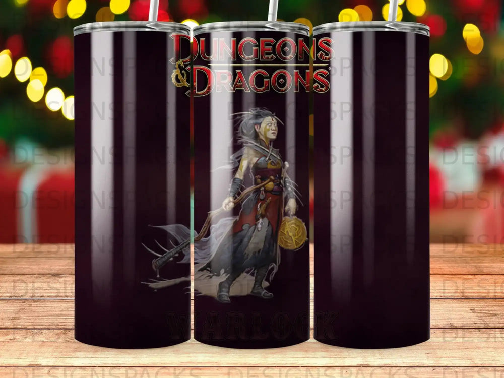 Dungeons & Dragons Warlock tumbler with a fantasy warrior illustration.