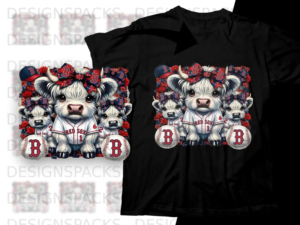 Red Sox mascot cows with baseballs and floral accents on a t-shirt.