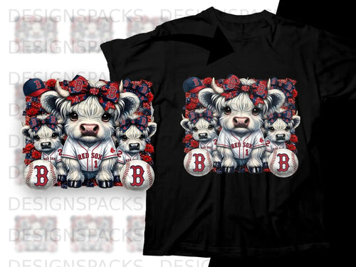 Red Sox mascot cows with baseballs and floral accents on a t-shirt.