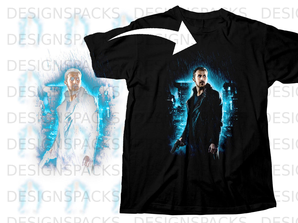 Black t-shirt with a blue graphic of a man holding a gun in the rain.