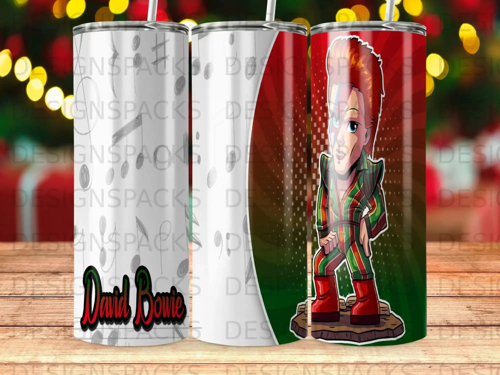 David Bowie illustration in a striped costume, standing with hands on hips.