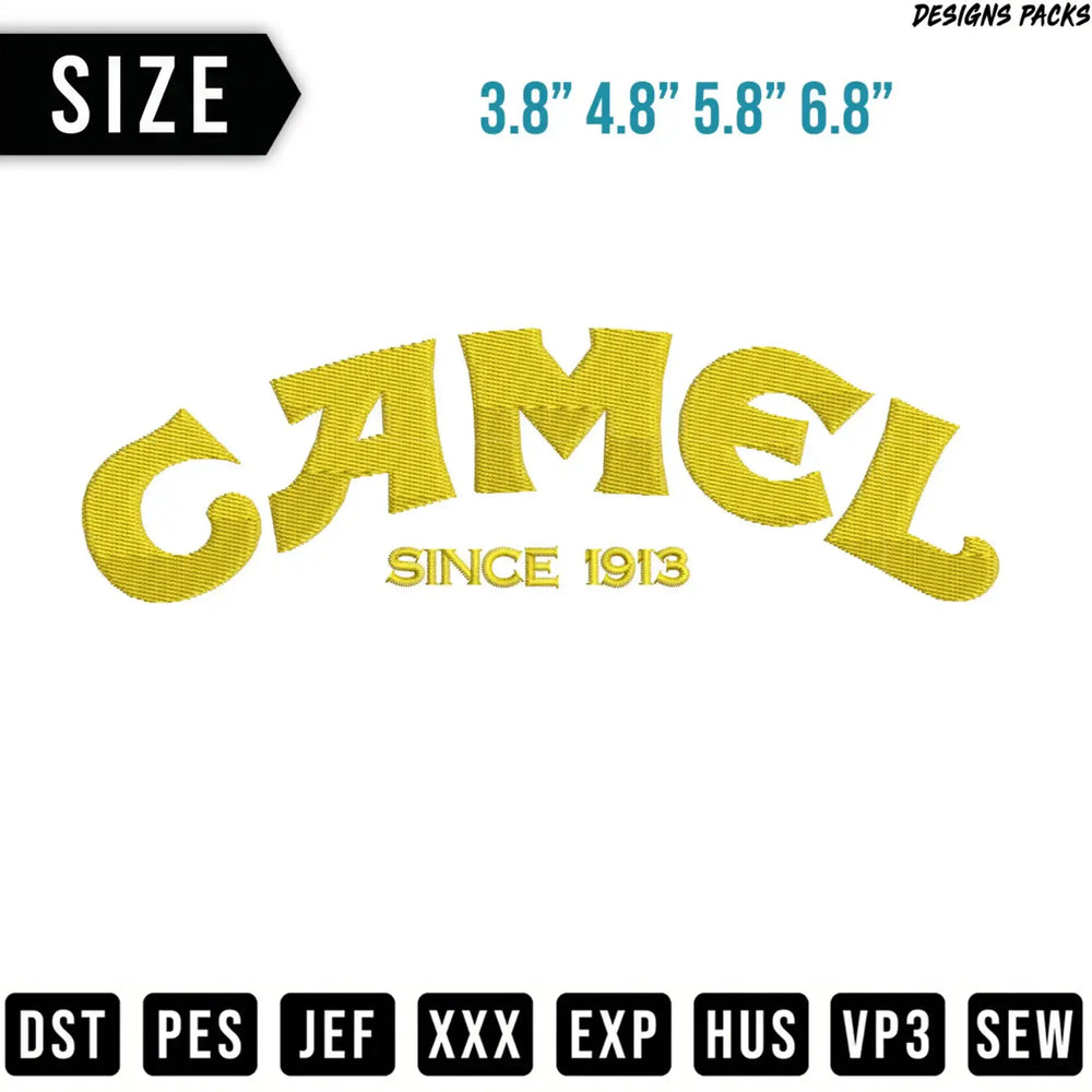 Camel cigarettes logo with sizes and embroidery file formats.