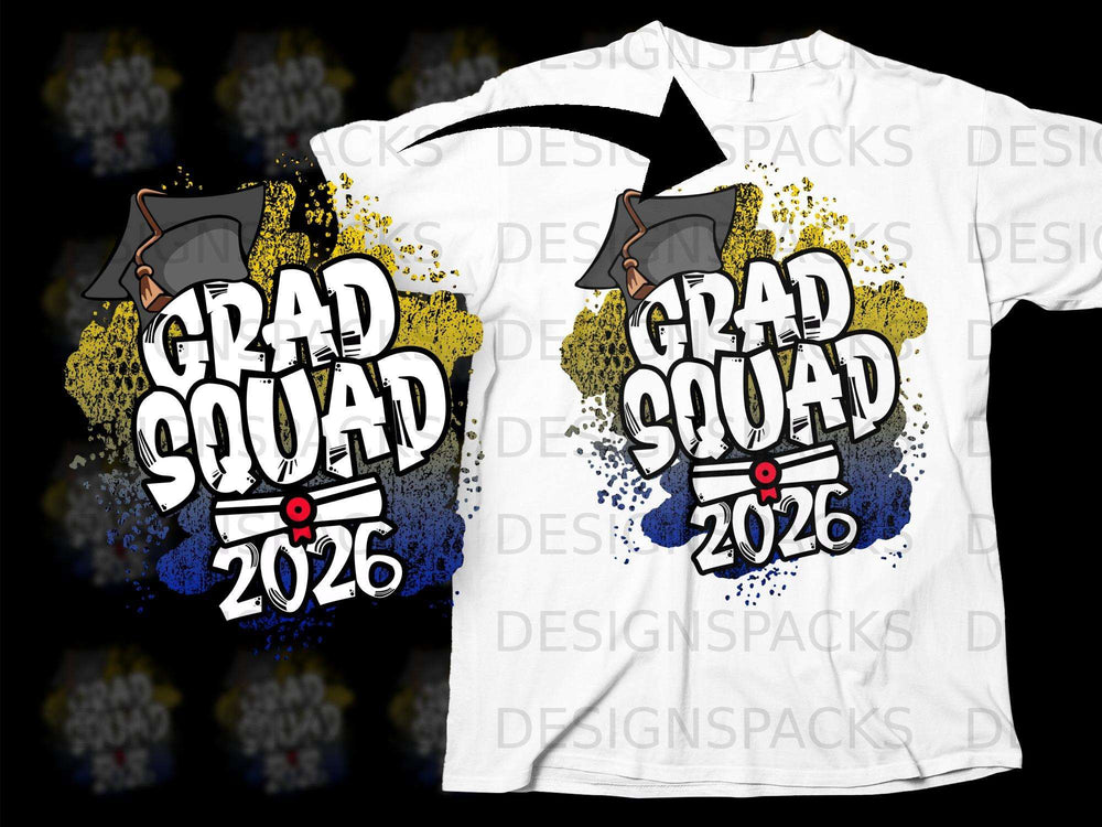 Grad Squad 2026 design with graduation cap and diploma on a white t-shirt.