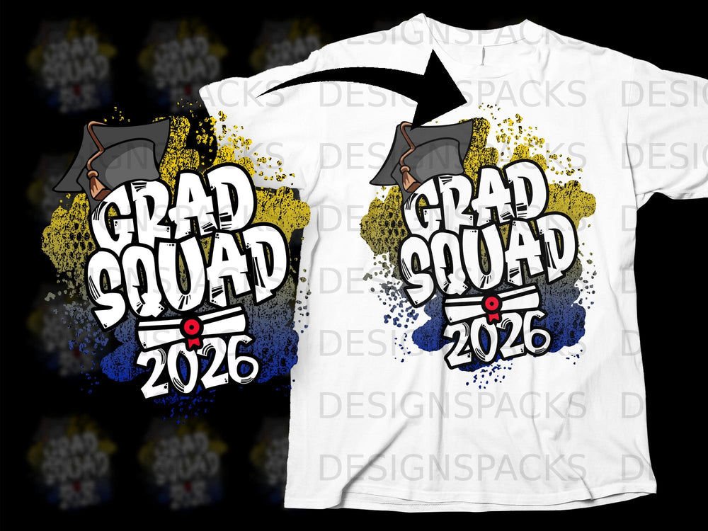 Grad Squad 2026 design with graduation cap and diploma on a white t-shirt.