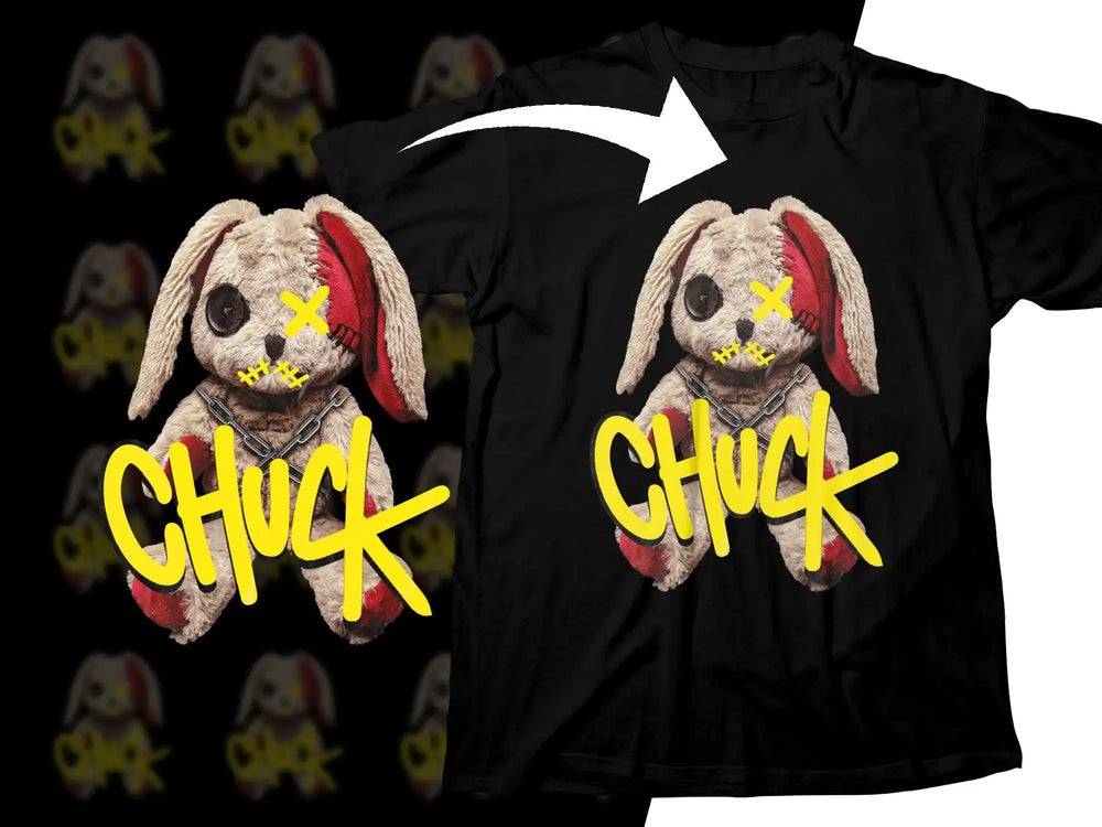 Chuck horror bunny design on black t-shirt, print-ready graphic for DTG or DTF