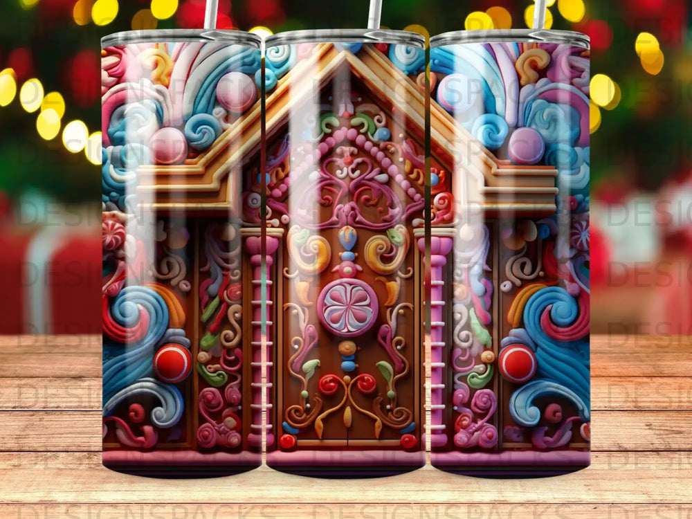 Gingerbread house tumbler with colorful candy decorations and swirls.