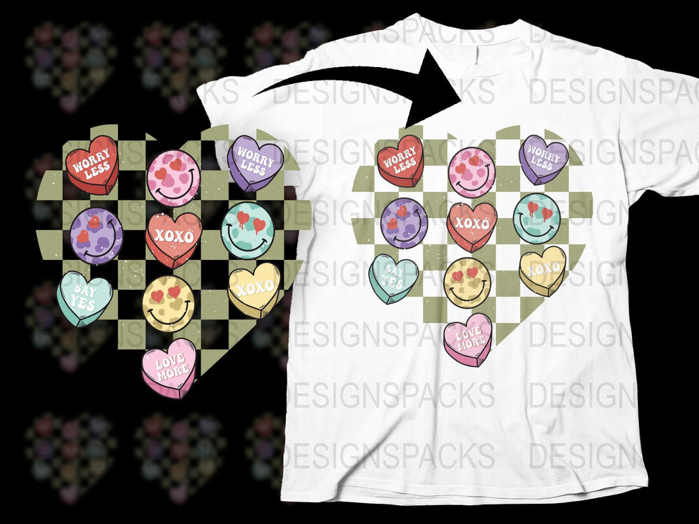 Colorful Conversation Heart Candy Graphic T-Shirt, Valentine's Day Love Tee, Casual Fashion Top for All Ages