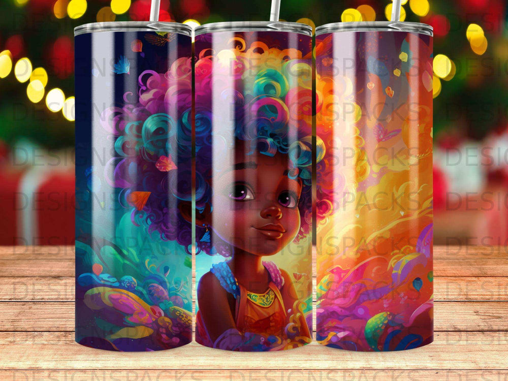 Child with vibrant curly hair and colorful surroundings on a tumbler.
