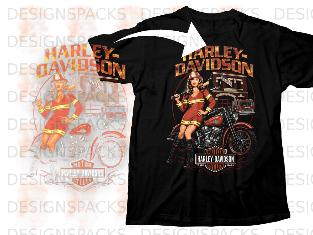 Black t-shirt with Harley-Davidson logo and female firefighter illustration.