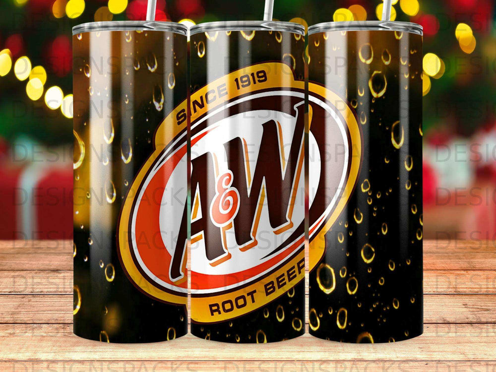 A&W Root Beer tumbler with logo and bubbling liquid design.