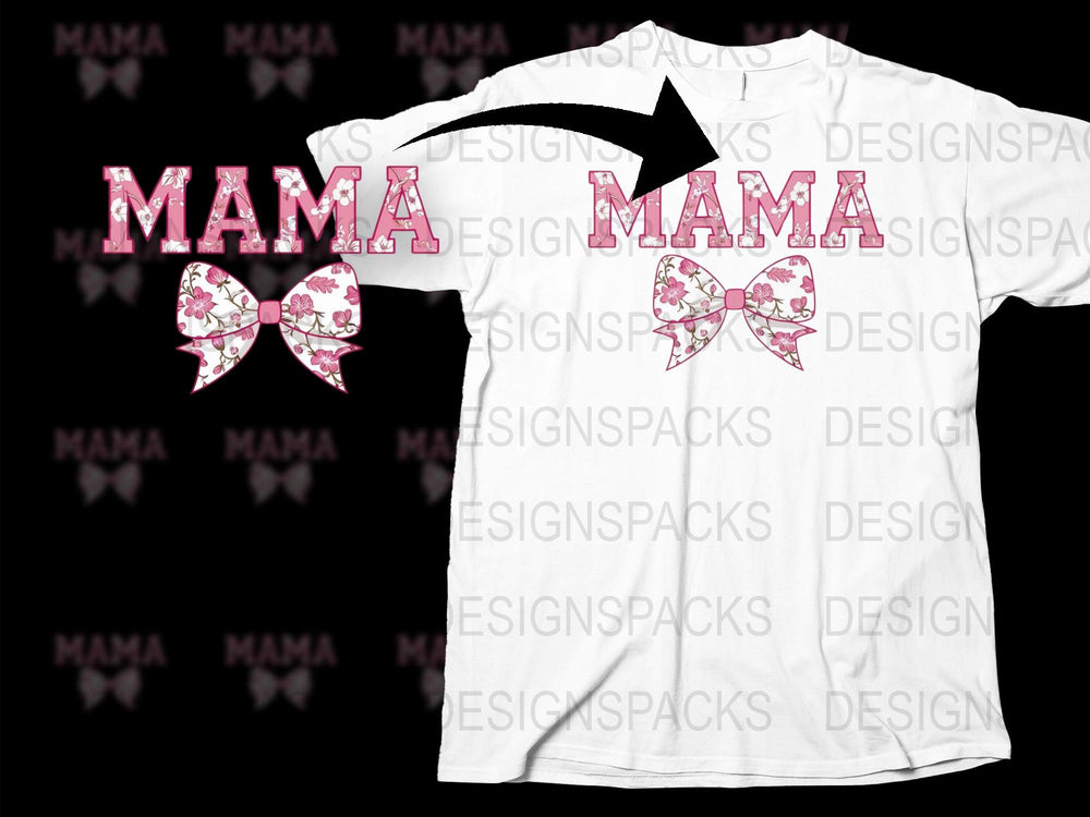 Mama T-Shirt Pink Floral Bow Design, Mother's Day Gift, Casual Women's Fashion Top, Unique Graphic Tee