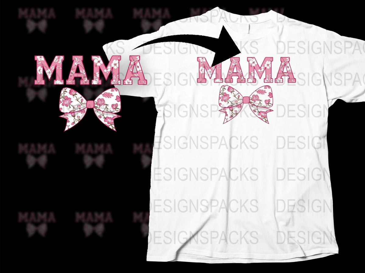 Mama T-Shirt Pink Floral Bow Design, Mother's Day Gift, Casual Women's Fashion Top, Unique Graphic Tee