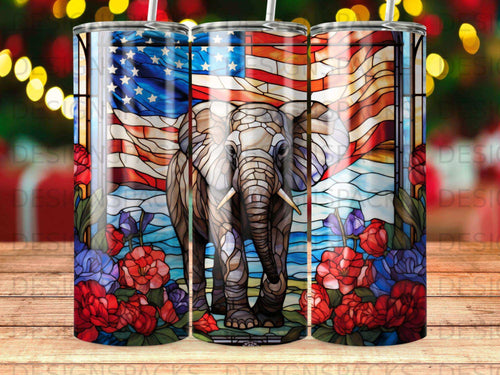 Elephant walking in front of American flag stained glass with red flowers.