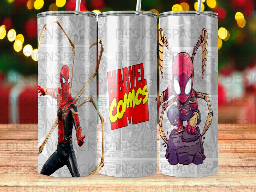 Spider-Man in his Iron Spider suit on a comic book background with "Marvel Comics" logo.