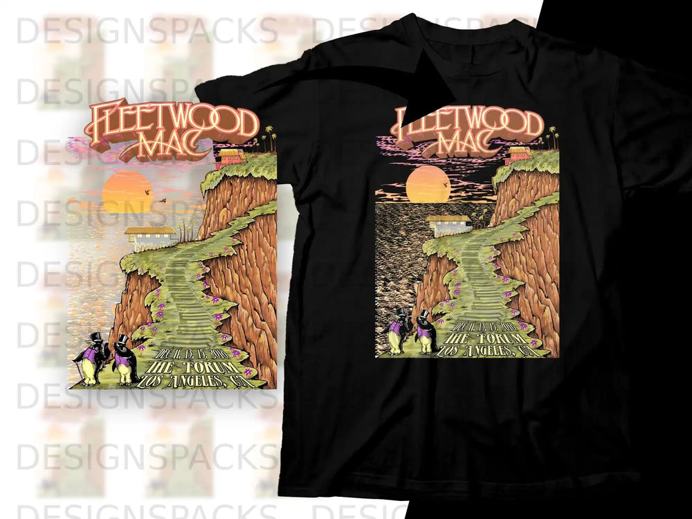Fleetwood Mac concert t-shirt with a sunset landscape and venue details.