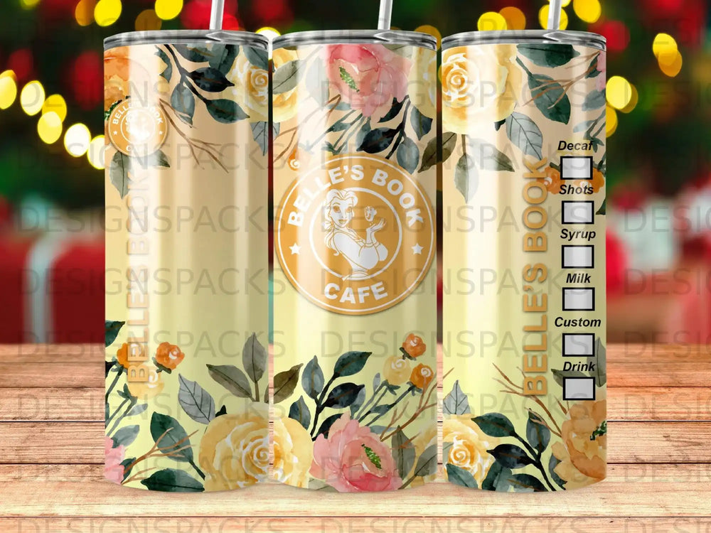 Yellow floral tumbler with "Belle's Book Cafe" logo and drink options.