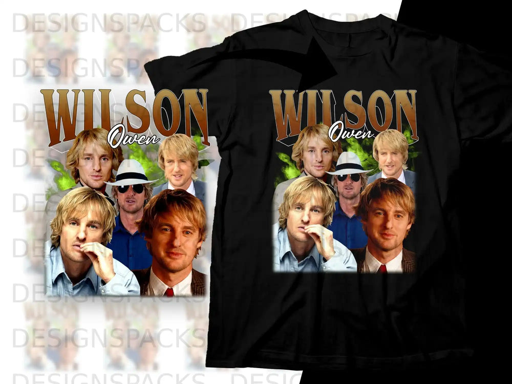Owen Wilson collage graphic on a black t-shirt.