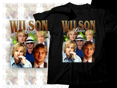 Owen Wilson collage graphic on a black t-shirt.