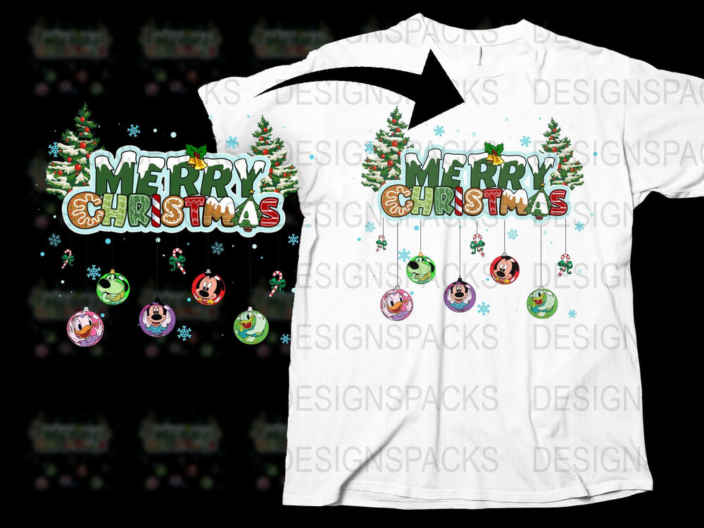 Festive Merry Christmas T-Shirt, Holiday Ornaments Graphic Tee, Unisex Winter Apparel, Colorful Xmas Gift Idea