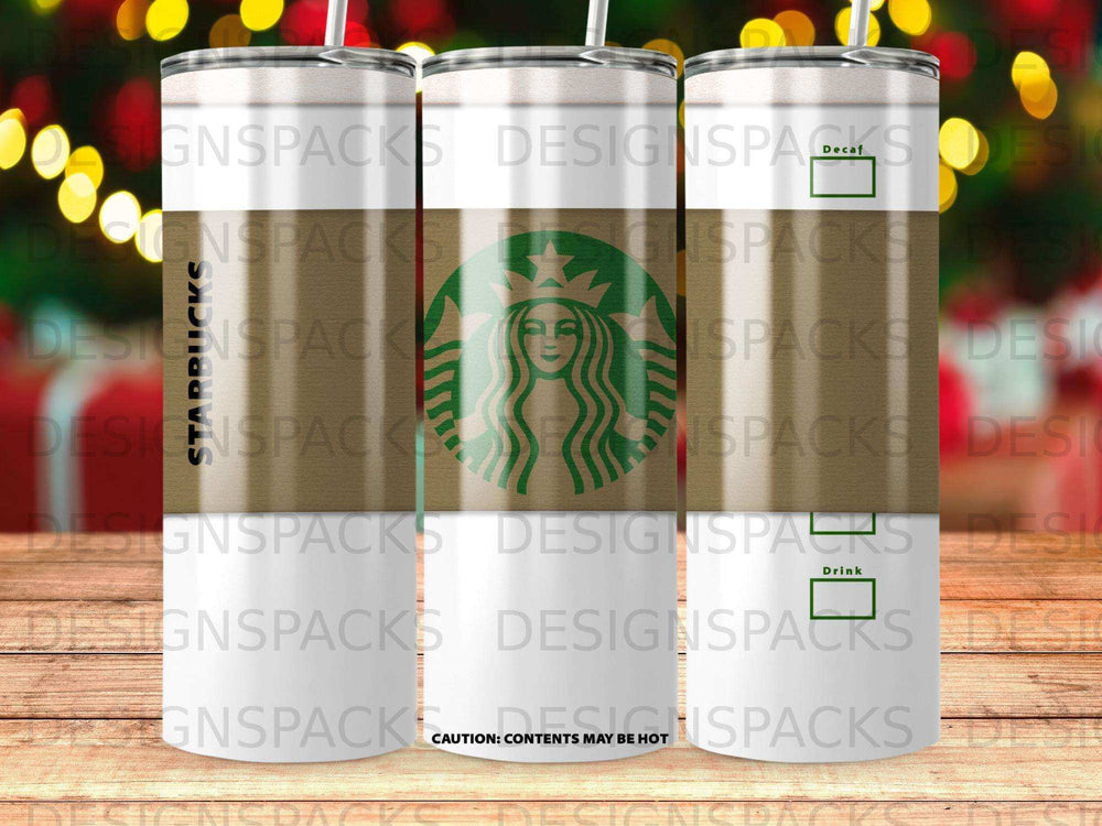 Starbucks tumbler with green siren logo, white background, and text.
