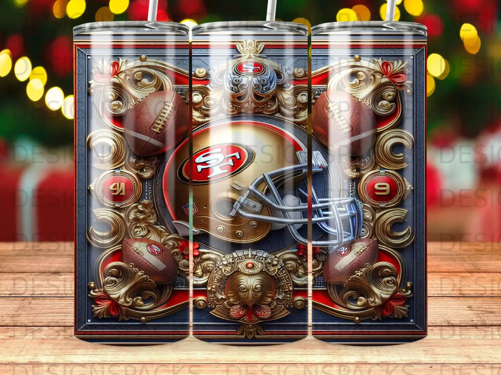 Gold football helmet with San Francisco 49ers logo and footballs in ornate frame.