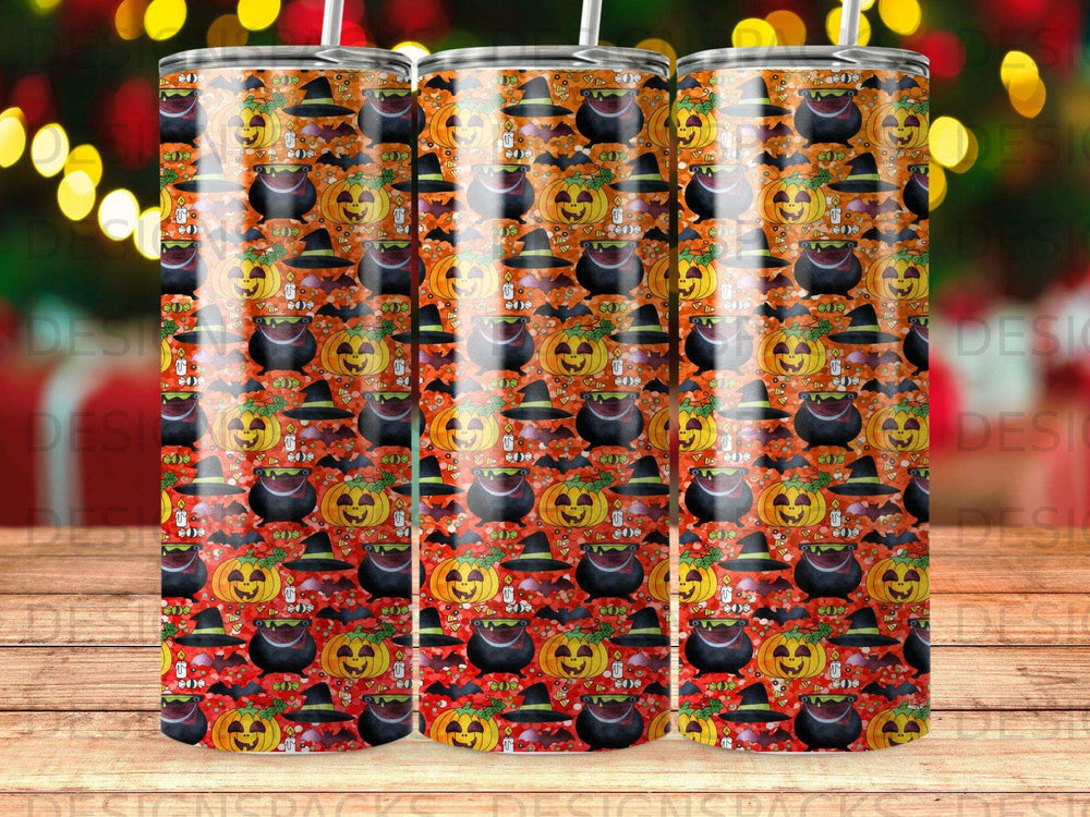 Halloween pattern with pumpkins, witches hats, and cauldrons on red background.