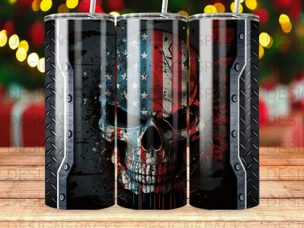 Skull with American flag pattern and distressed metal accents.