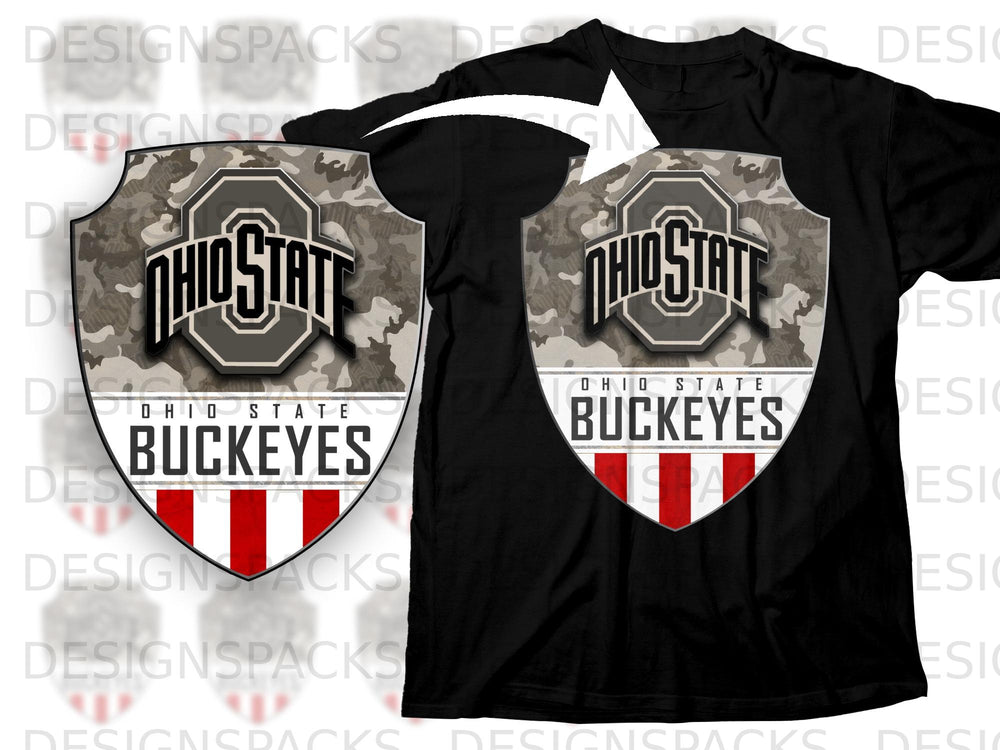 Black t-shirt with a shield logo featuring Ohio State Buckeyes text and camouflage.
