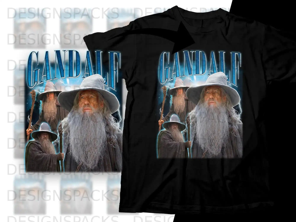 Gandalf the Grey shirt, featuring character portraits on a black t-shirt.