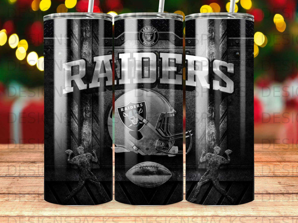 Las Vegas Raiders helmet and football design on a tumbler.