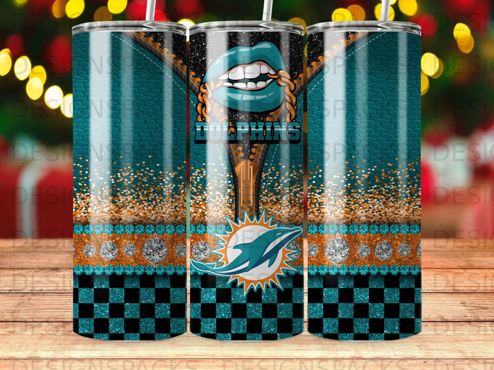 Miami Dolphins tumbler with teal, orange, and glitter design.
