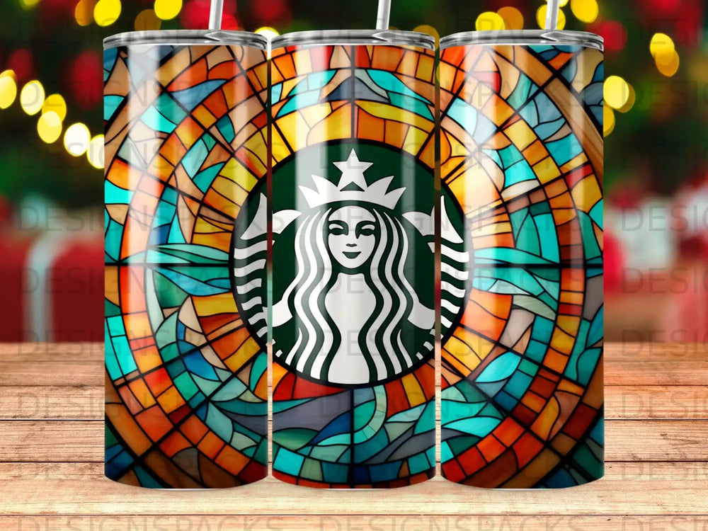 Starbucks logo on a stained-glass tumbler with bokeh background.
