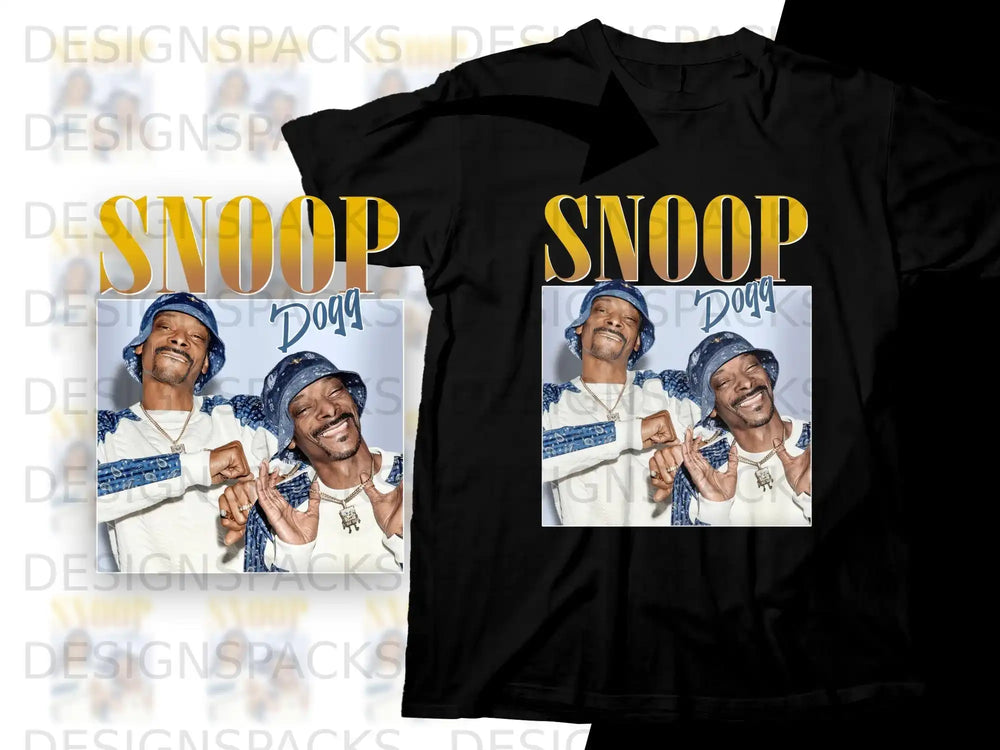 Snoop Dogg t-shirt featuring a graphic of Snoop Dogg in a blue jacket and hat.