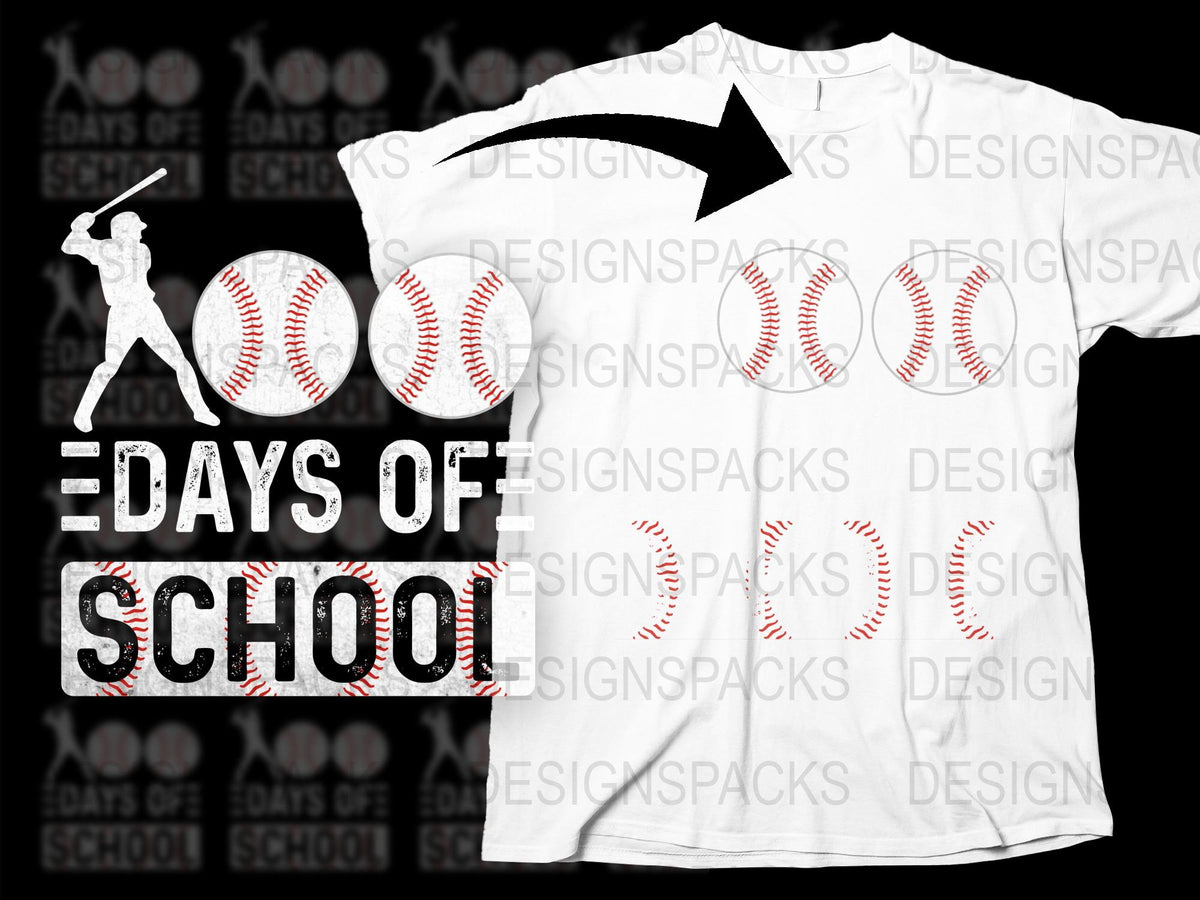 100 Days of School T-Shirt, White Baseball Inspired Tee, Kids Celebration Shirt, Teacher's School Day Milestone Apparel
