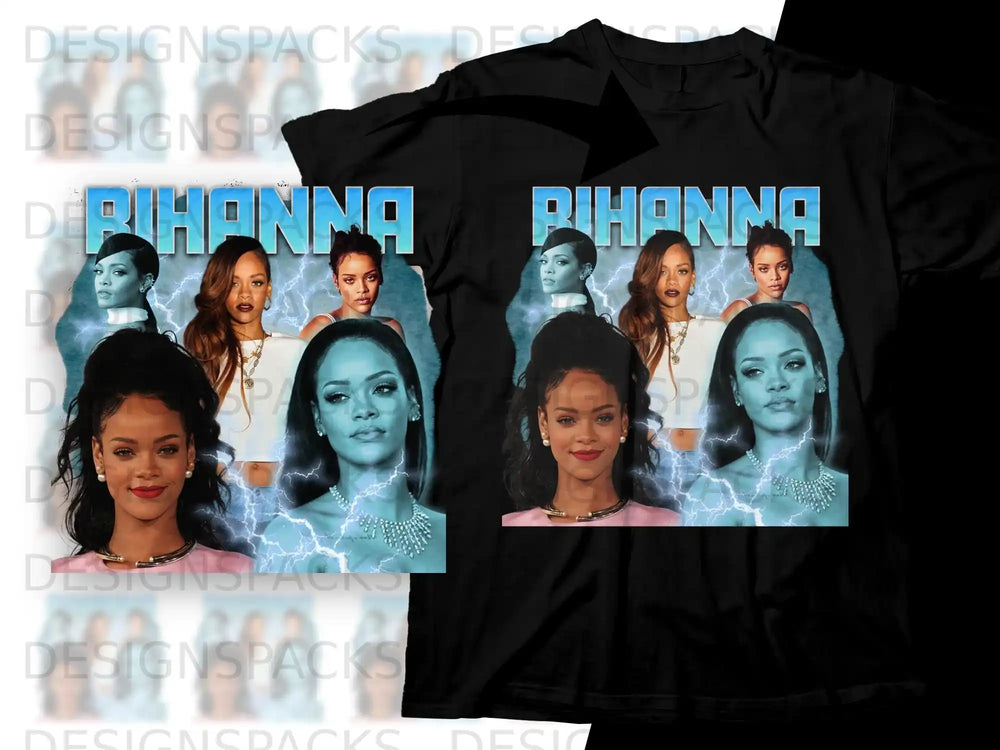 Rihanna collage with lightning effects on black t-shirt.