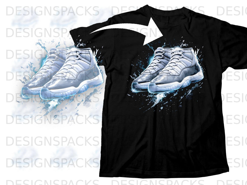 Black t-shirt with graphic of white and grey sneakers on a blue splash background.