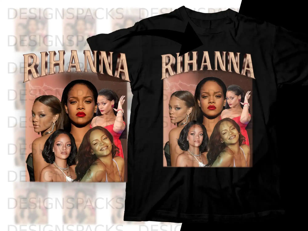 Rihanna collage t-shirt with "Rihanna" text.
