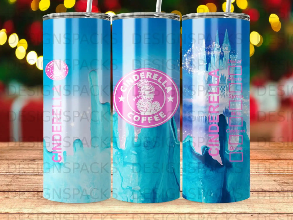 Cinderella themed tumbler with coffee and syrup graphics.