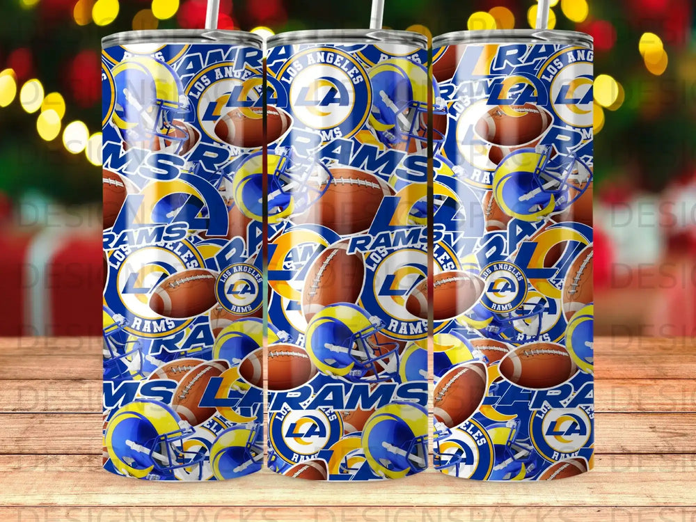 Los Angeles Rams football helmets and footballs pattern on a tumbler.