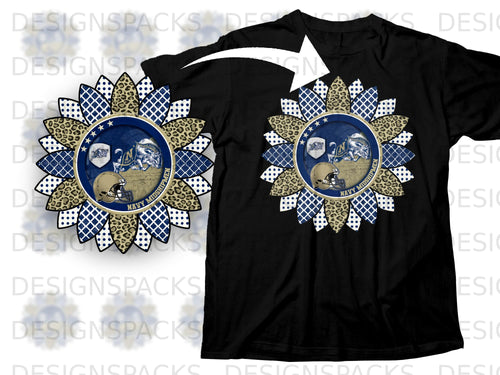 Sunflower with Navy Midshipmen logo, helmet, and leopard print pattern on black t-shirt.